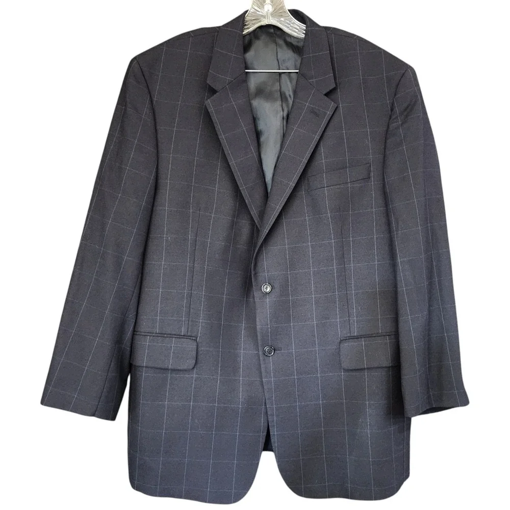 Jos A Bank Blazer Mens 46R Navy Windowpane Wool Sport Coat Jacket Plaid